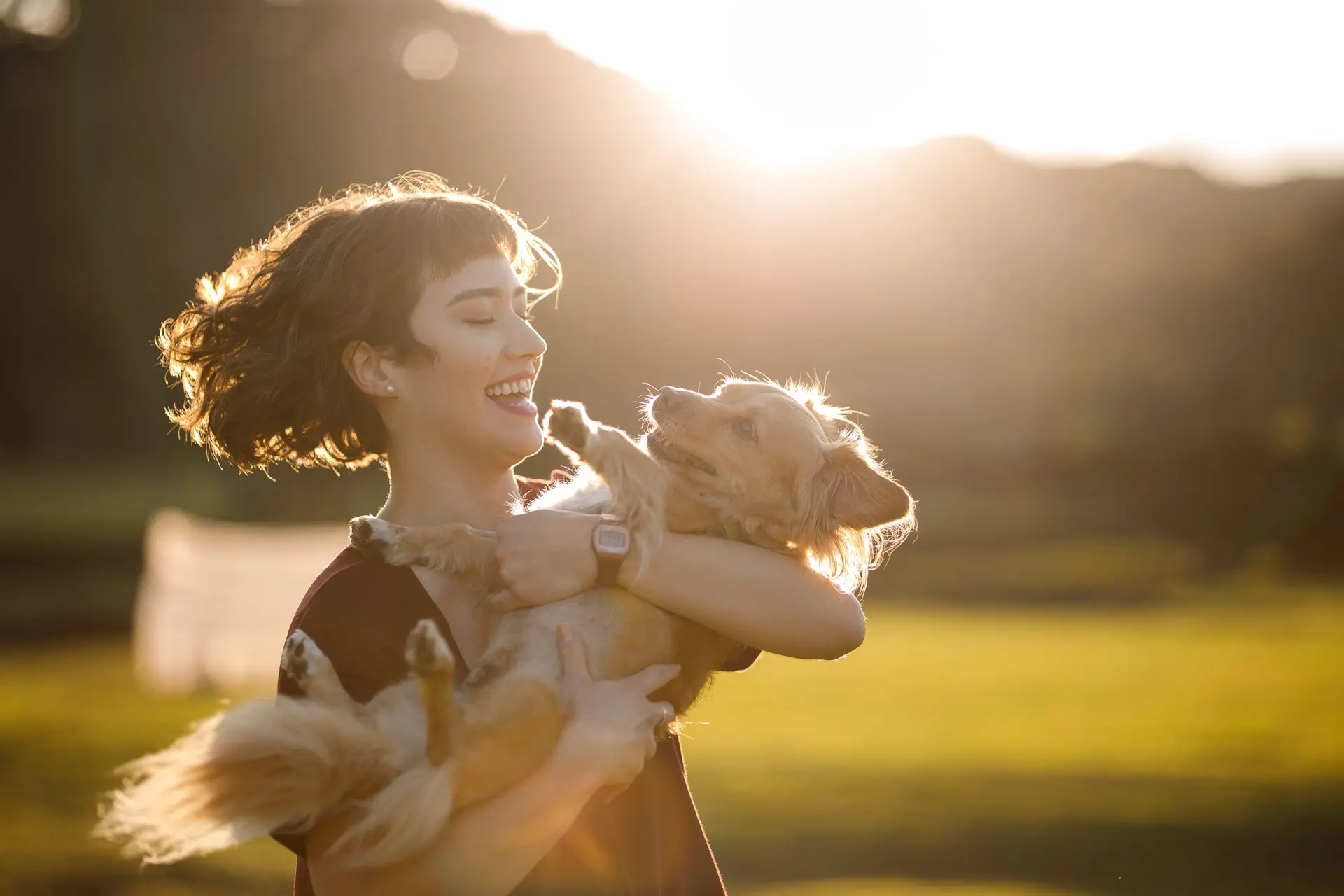 Mulher no campo com cachorro no colo